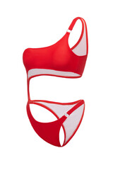 Close-up shot of a red one-piece one shoulder swimsuit with a front, back and side cutout. The one-piece swimsuit is isolated on a white background. Side view.