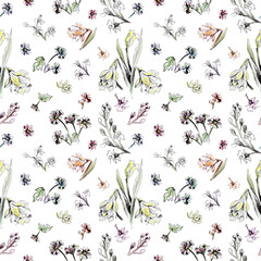 Watercolor colorful pattern with summer flowers and leaves. With transparent layer.