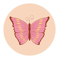 Retro sticker butterfly with vintage flowers inscribed in a circle shape in hippie style 1970