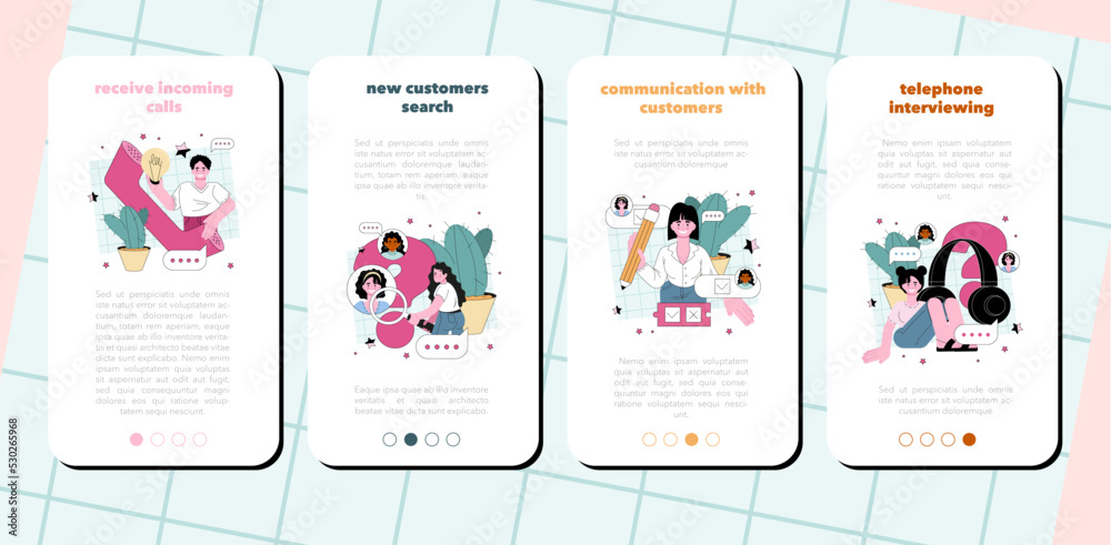 Wall mural call center operator mobile application banner set. technical support