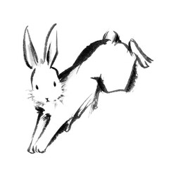 筆で描いた躍動感のあるウサギの水墨画