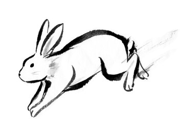 筆で描いた躍動感のあるウサギの水墨画