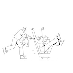 Young man pushing supermarket trolley with shopping and woman sitting in it.