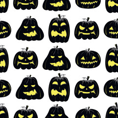 Seamless pattern with black silhouette of a pumpkin face with yellow glowing eyes for halloween on a white background