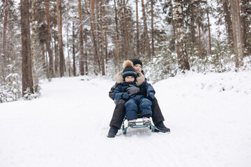 Fototapeta na wymiar Two joyful boys sledding and having fun together. Happy children playing in snow in winter forest. Brothers spending time together