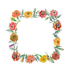 Watercolor frame with marigolds and leaves. With transparent layer.