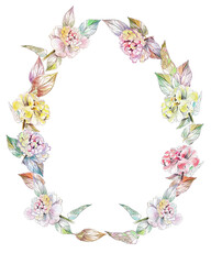  Watercolor wreath with peony flowers and leaves. With transparent layer
