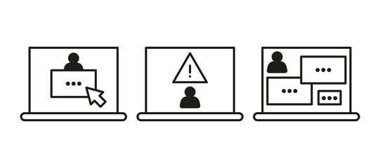 Warning sign on computer, scam of hacker, line icon. Cheating on internet, covert crime swindler. Social media fraud of thief. Danger of stealing personal information. Vector outline illustration