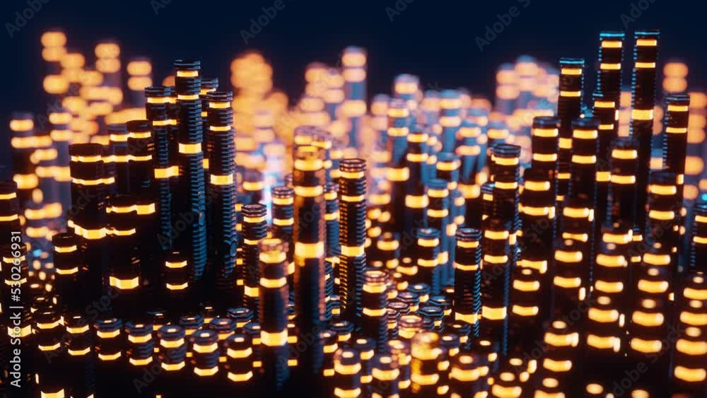 Aufkleber Hexagonal columns in neon glowing light background. 3D rendered loop video. Abstract blue and orange technologic seamless looped animation. Hyperrealistic dimensional geometrical patterned visual