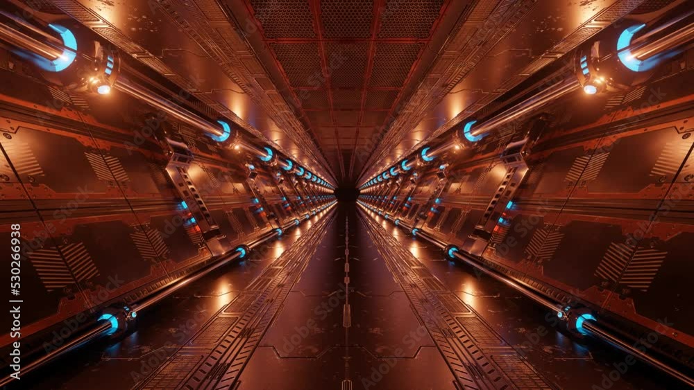 Aufkleber 3D rendered animated loop of a spaceship background in space station going dark. Futuristic interior corridor with orange neon lights walls. Hyperrealistic seamless lopped animation tunnel