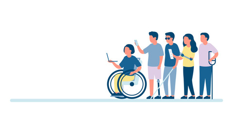 Disabled group people on wheelchair and other handicap. Disability and inclusion, employment on work. Team diverse person. Team seek opportunity, want to work. Vector with copy space