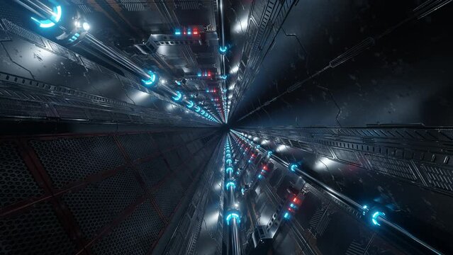 3D rendered spinning animated loop of a spaceship background in space station. Futuristic interior corridor with blue neon lights walls. Hyperrealistic spin seamless lopped animation tunnel