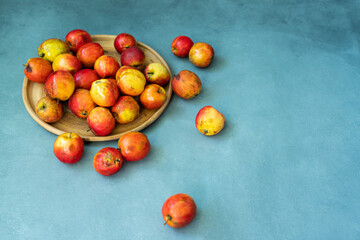 Fresh red apples on a gray background. Fruit. View from above. Free space for text.