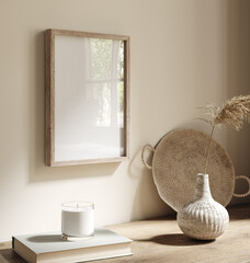 Mock up frame in home interior, Scandi-boho style, 3d render