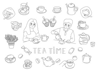 Big doodle set with tea time items. Man woman with cup of tea, teapots, cakes, milk jug, kettle, candy, tea bags, tea to go, cafe interior. Vector illustration.