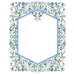 Watercolor frame with flowers and different leaves. Illustration.