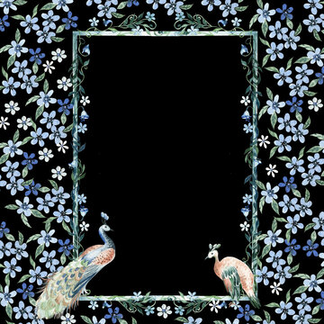 Watercolor frame with leaves, blue flowers and peacoc bird. illustration