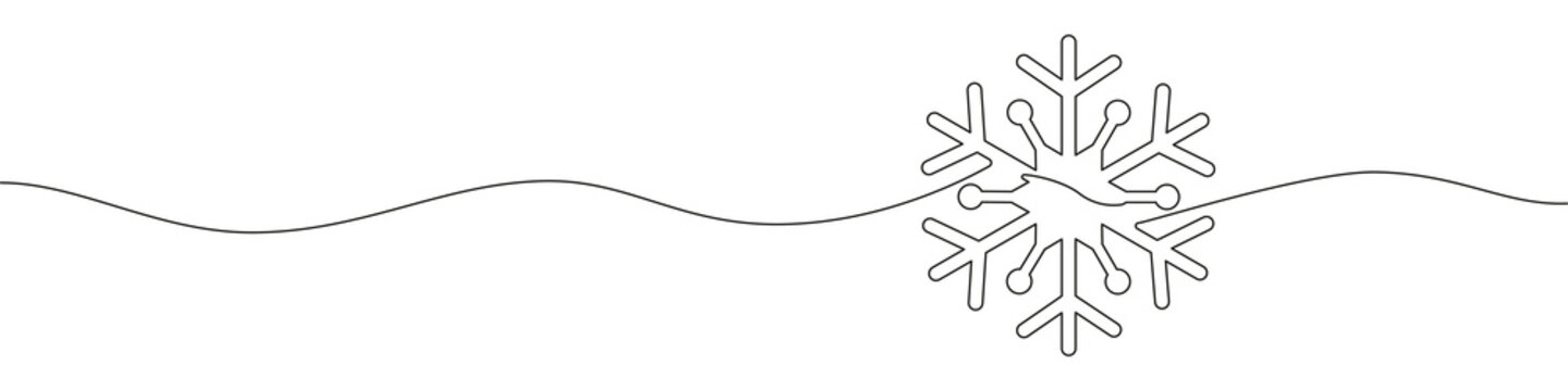 Vector Continuous One Single Line Drawing Of Snowflake Christmas Decoration In Silhouette On A White Background. Linear Stylized Vector Illustration.