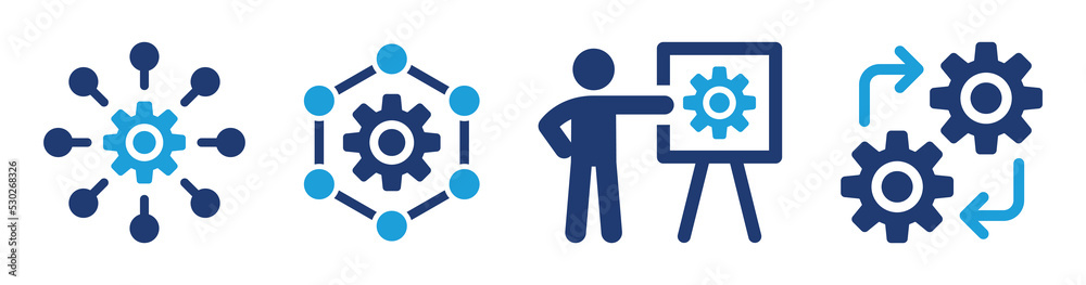 Poster Setting icon set. Containing cogwheel, productivity and work efficiency icons. Vector illustration.