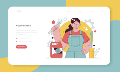 Auto mechanic web banner or landing page. Mechanic in uniform check