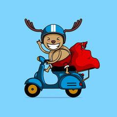 Cute Happy Reindeer Waving On Scooter Cartoon Vector Icon Illustration. Christmas and New Year Holiday Icon Concept Isolated Premium Vector. Colorful Fully Editable.