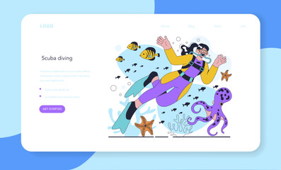 Diver web banner or landing page. Scuba divers swimming