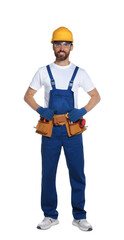 Professional builder in uniform with tool belt isolated on white