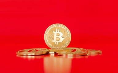 Bunch of bitcoin on the red background