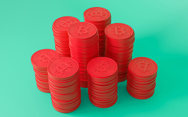 Bunch of Red chips bitcoin gambling on green Background
