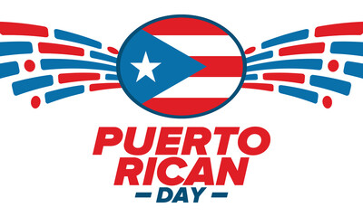 Puerto Rican Day. National happy holiday. Festival and parade in honor of independence and freedom. Puerto Rico flag. Latin american country. Patriotic elements. Vector poster illustration
