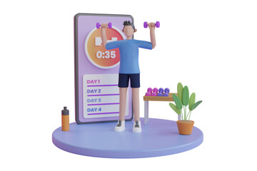 3d workout mobile app illustration. young man in gym doing squats with barbell using smart phone for exercises. Smartphone sports and gym apps concept.3d rendering . 
