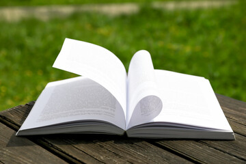 Open book on wooden table in park