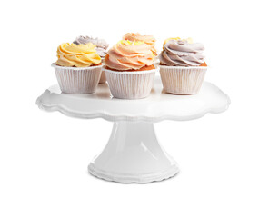 Stand with tasty cupcakes on white background