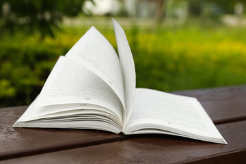 Open book on wooden table in park