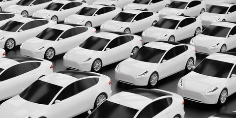 New self driving cars fleet waiting to be exported, large amounts of  electric vehicle in dealership parking lot for sale, automotive business 3d illustration © ZETHA_WORK