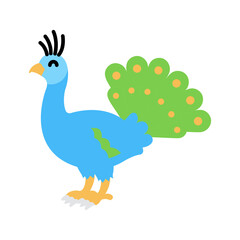 Cute little baby peacock. funny smiling animal. colored flat cartoon vector illustration.