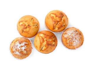 Tasty muffins on white background, top view