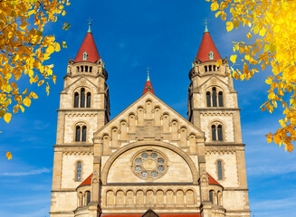 Fototapeta na wymiar St. Francis of Assisi church on Mexikoplatz square in autumn, Vienna, Austria