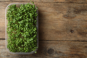 Sprouted arugula seeds in plastic container on wooden table, top view. Space for text