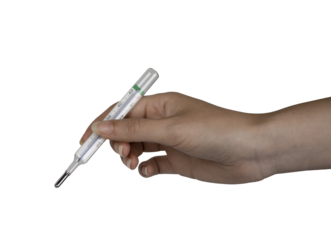 a traditional alcohol thermometer in a female hand on an isolated background