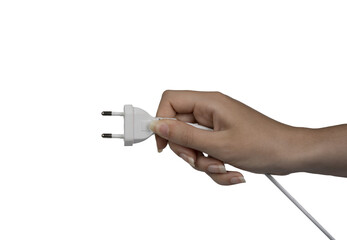 the electric plug in the female hand on an isolated background