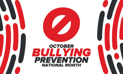 National Bullying Prevention Month in October. Stop bullying. Annual nationwide campaign to keep all youth safe from bullying. Orange color. Poster, card, banner, background. Vector illustration