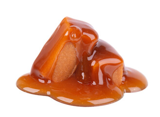 Sweet caramel candies and sauce, isolated on white background. Delicious caramel.