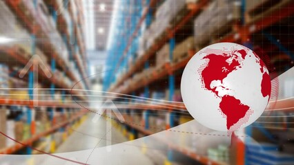 Animation of globe and arrows over warehouse