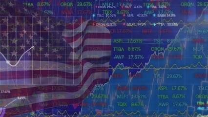 Animation of stock market and data processing over flag of usa on blue background - Powered by Adobe