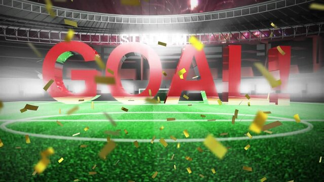 Animation of goal text over sports stadium