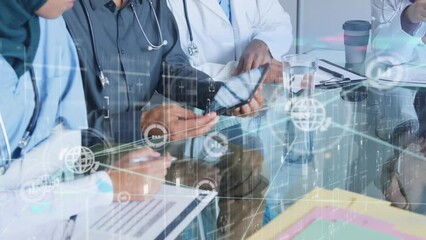 Animation of network of connections with icons and data processing over diverse doctors - Powered by Adobe