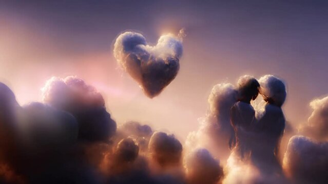 Above the fluffy sunset sky, we see a couple in love made from clouds, dreamy, memory, beautiful love clip.
