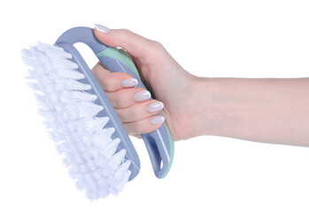 Cleaning washing brush in hand on white background isolation
