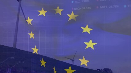 Animation of flag of eu and data processing over wind turbines - Powered by Adobe